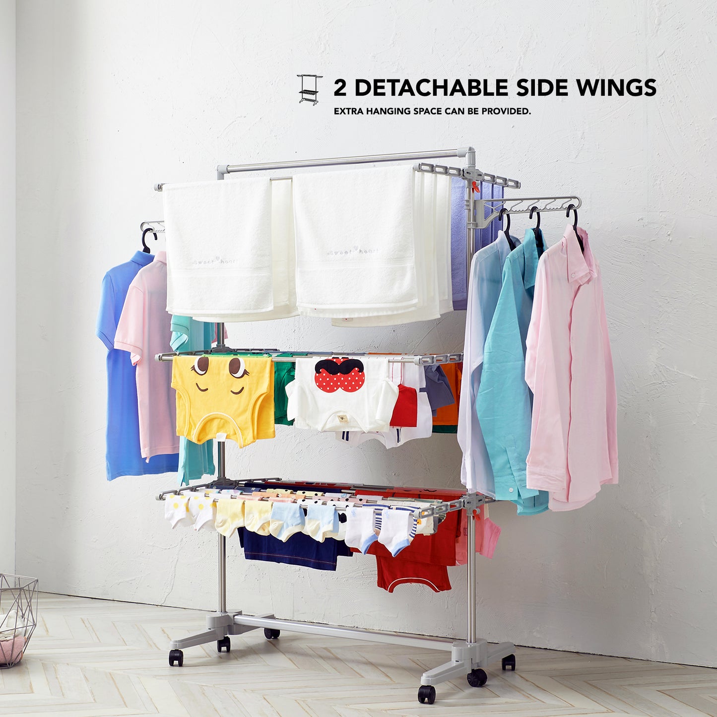 3-Tier Foldable Clothes Drying Rack with Hanging Pole