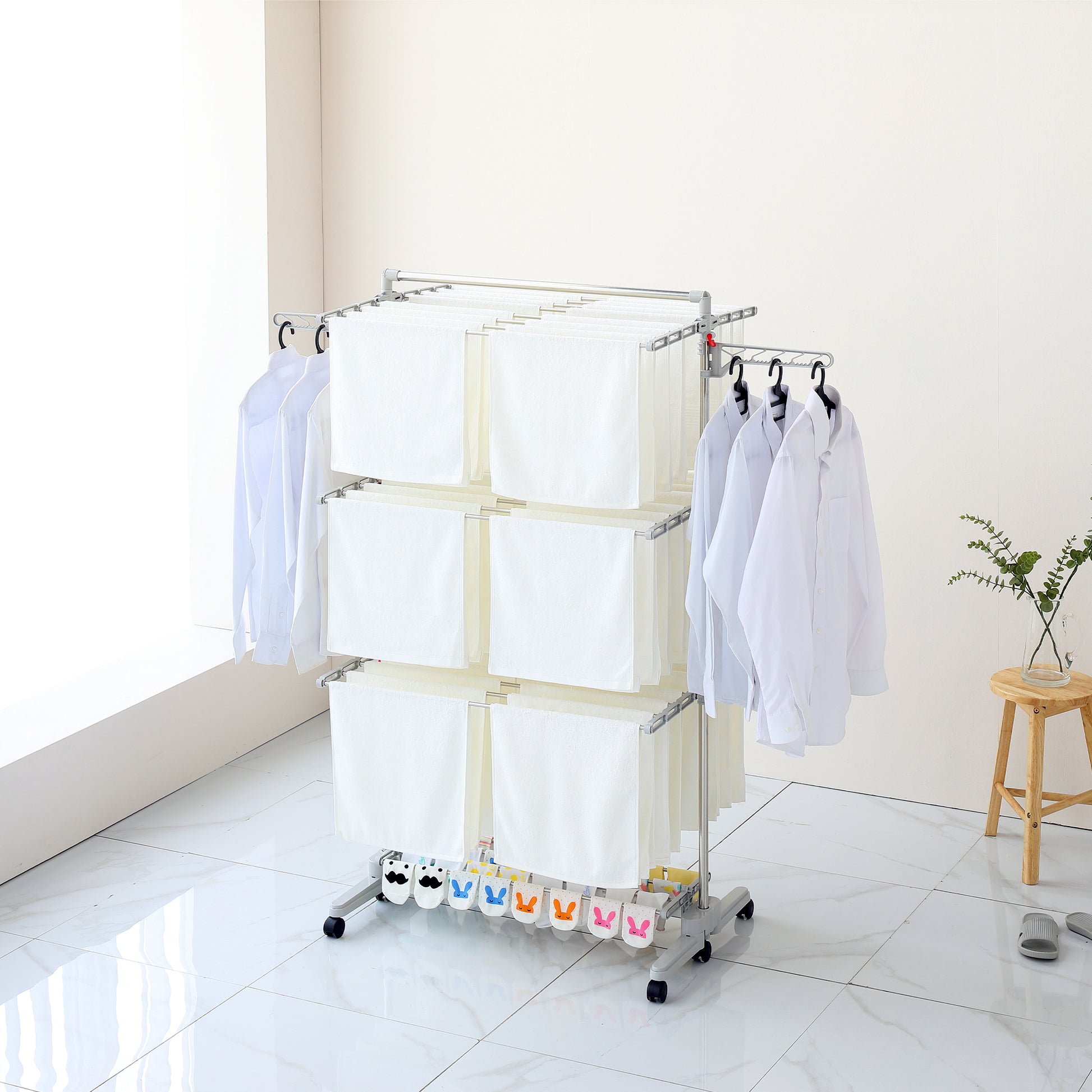 Hulife 57 1/2 in. x 55 in. 3-Tier Foldable Clothes Drying Rack, Stainless Steel/Gray