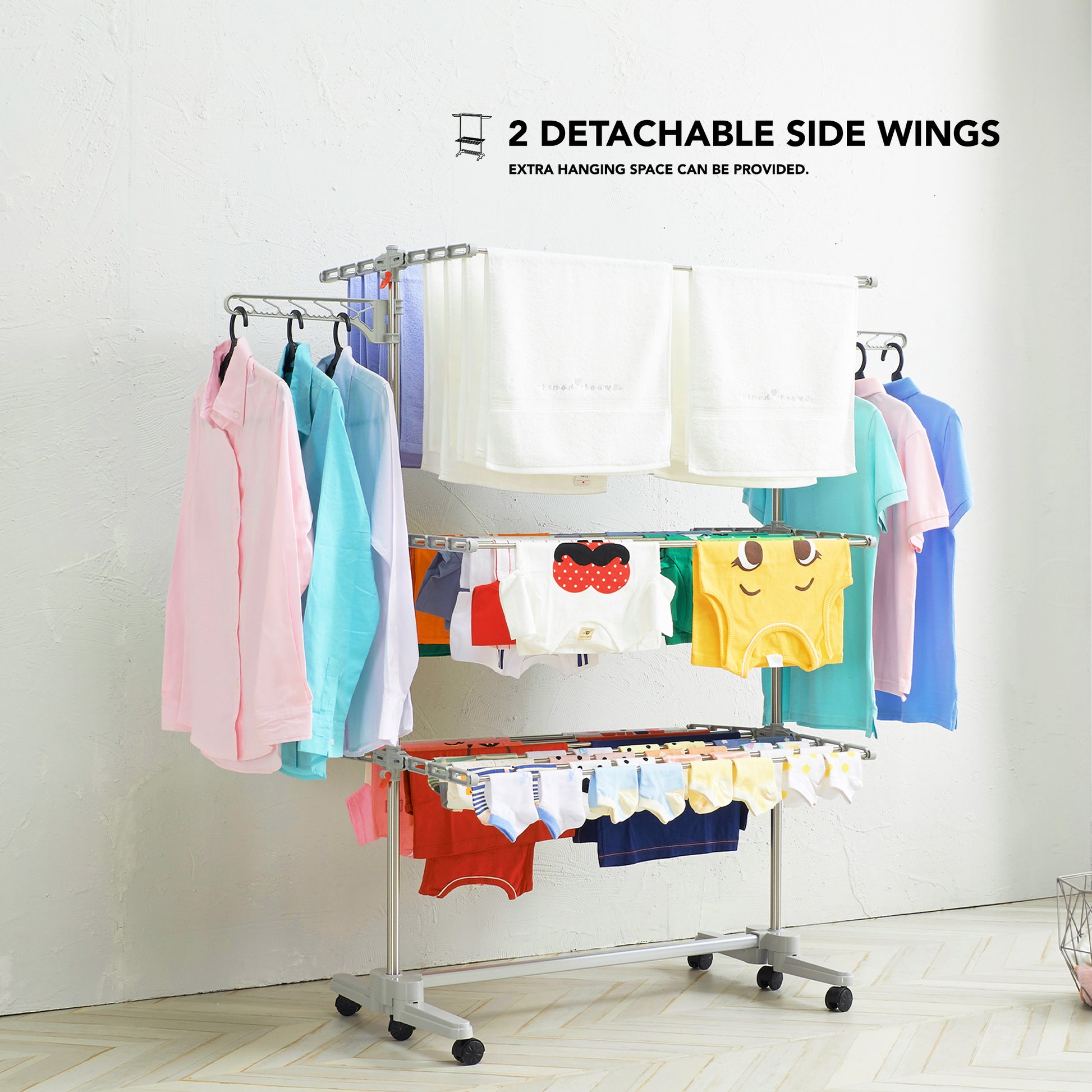 Folding Clothes Drying Rack with Height-Adjustable Wings